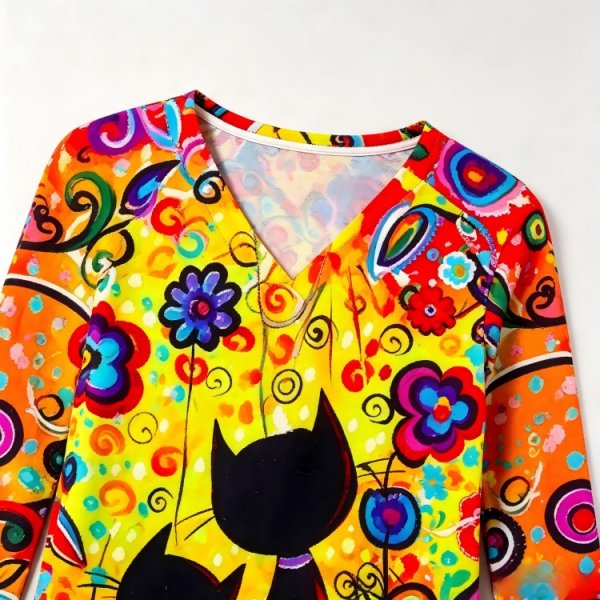 Cute Cartoon Print V-Neck Top