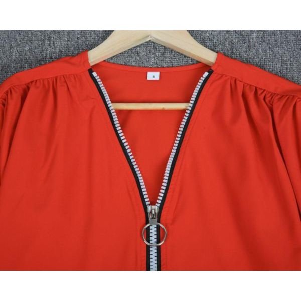 Stunning Red Plain Zipper V-Neck Top