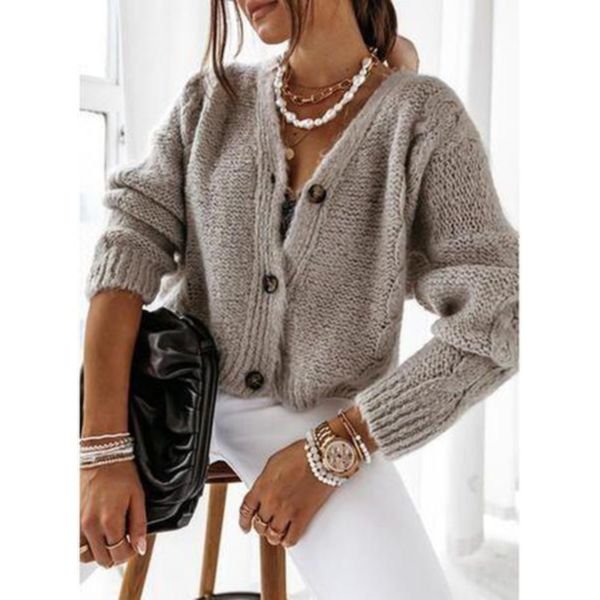 Popular Plain Khaki Long Sleeve Cardigan