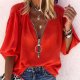 Stunning Red Plain Zipper V-Neck Top