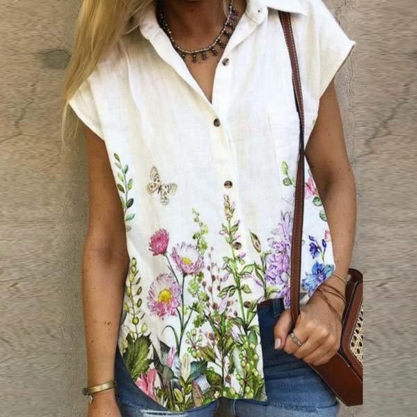 Fresh Plant Print Cap Sleeve White Shirt