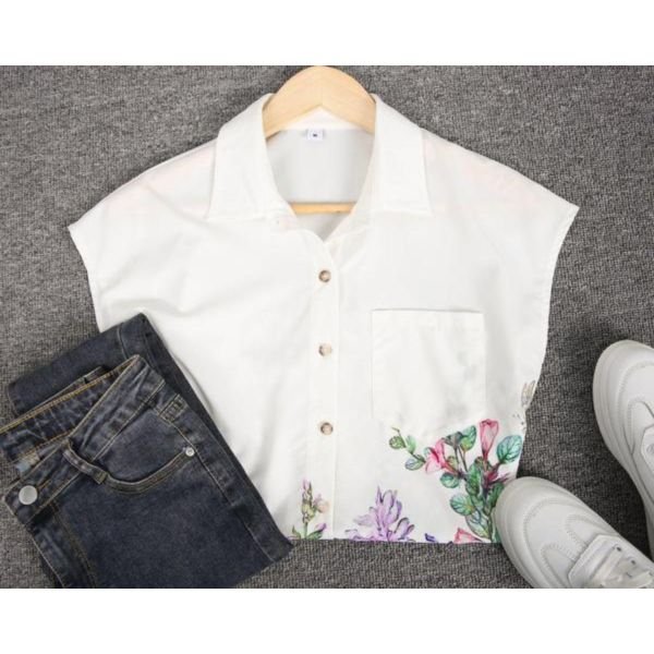 Fresh Plant Print Cap Sleeve White Shirt