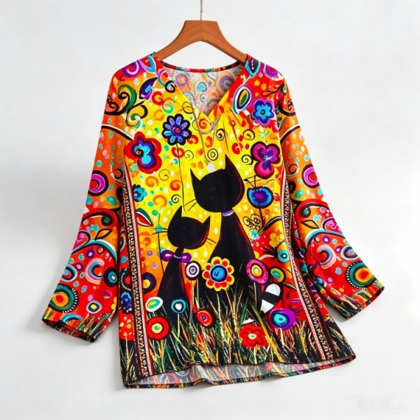 Cute Cartoon Print V-Neck Top