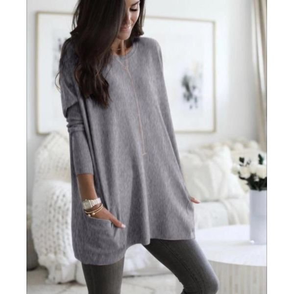 Casual Long Sleeve Pocket Pure Color Top