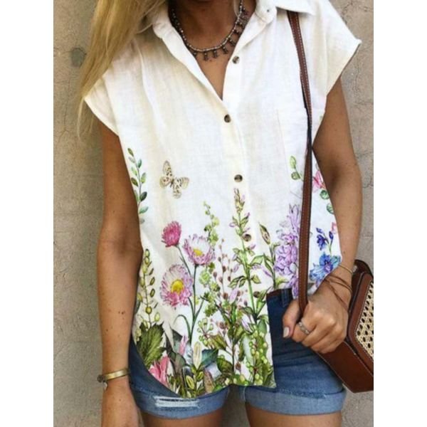 Fresh Plant Print Cap Sleeve White Shirt