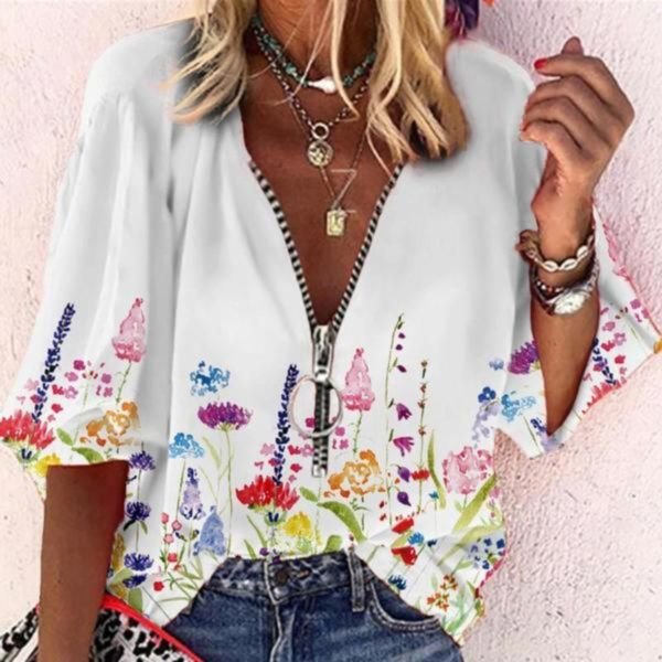 Fresh Printed Zip V-Neck Shirt