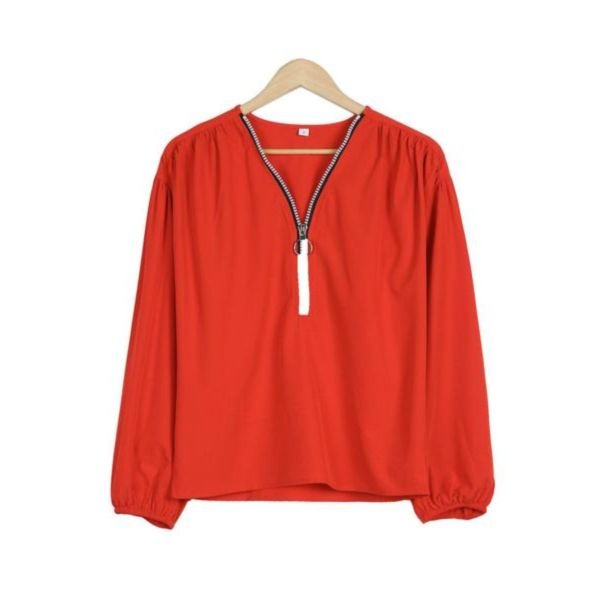 Stunning Red Plain Zipper V-Neck Top