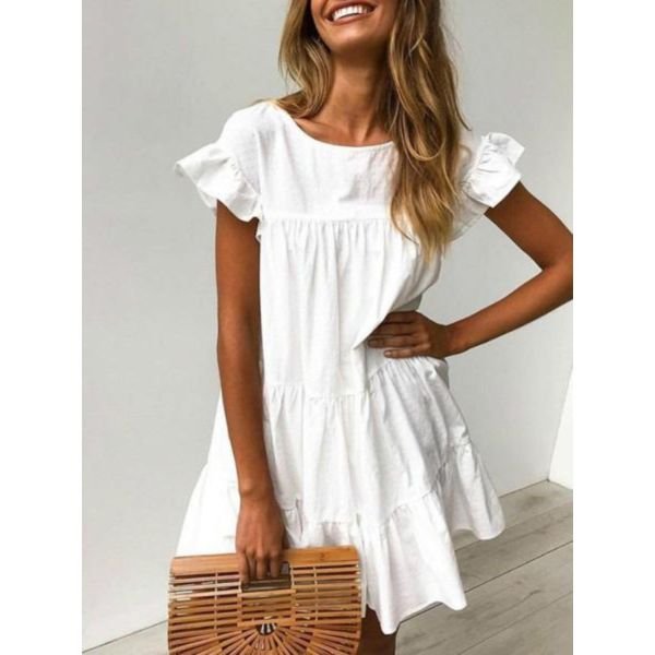 Sweet Ruffle Cuff And Hem White Mini Dress